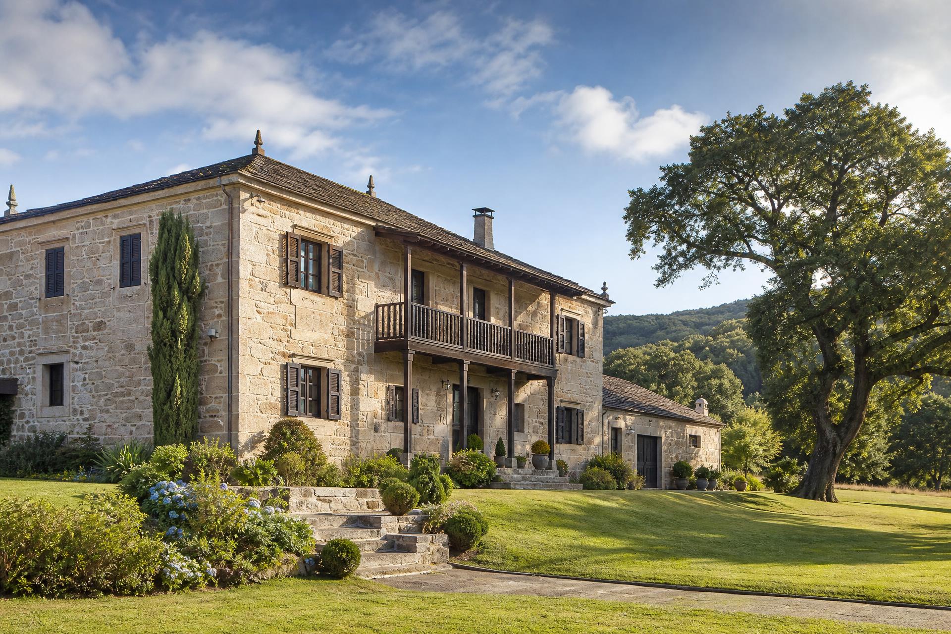 Large traditional Galician stone house with garden and oak trees