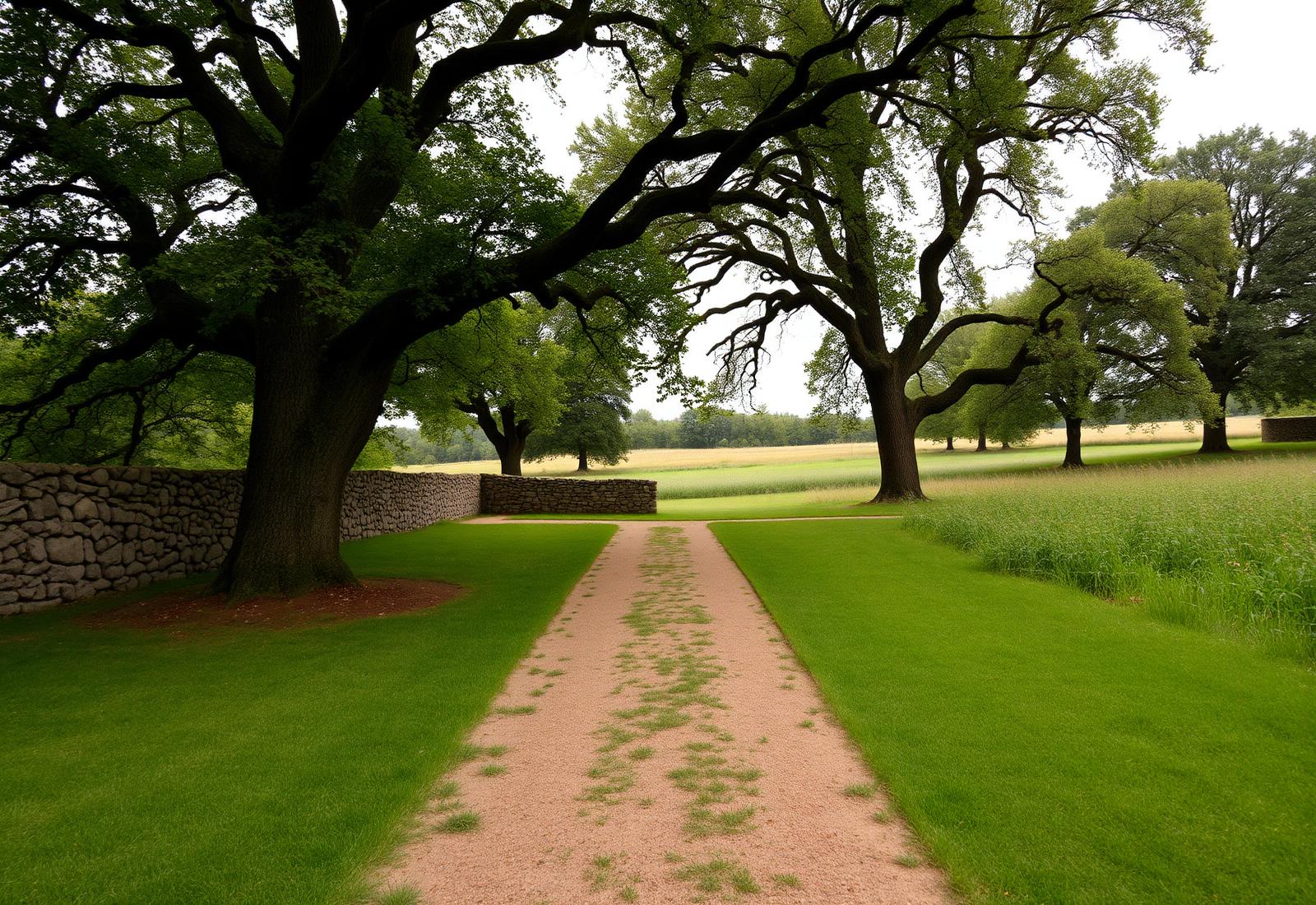 Managed estate grounds with dry-stone wall and mature oaks