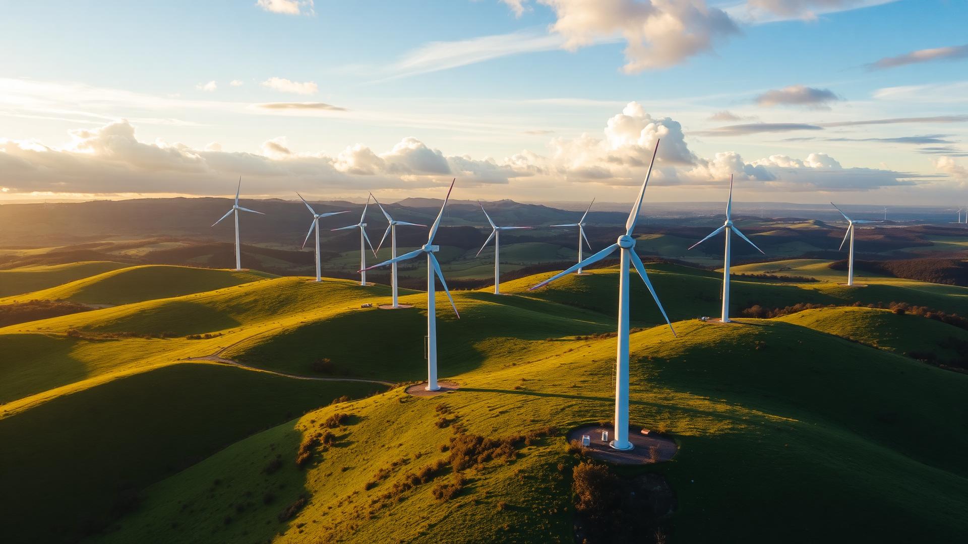 Wind turbines on rolling green hills at golden hour