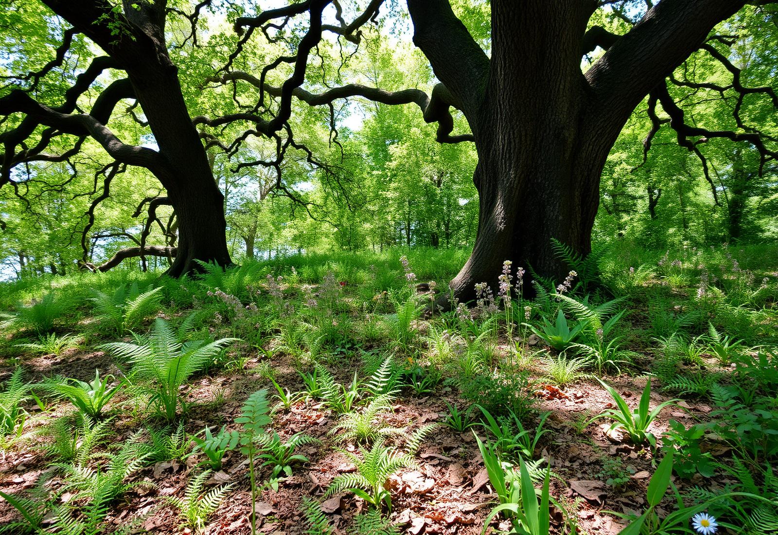 Restored woodland edge with native ferns and oaks in Galicia